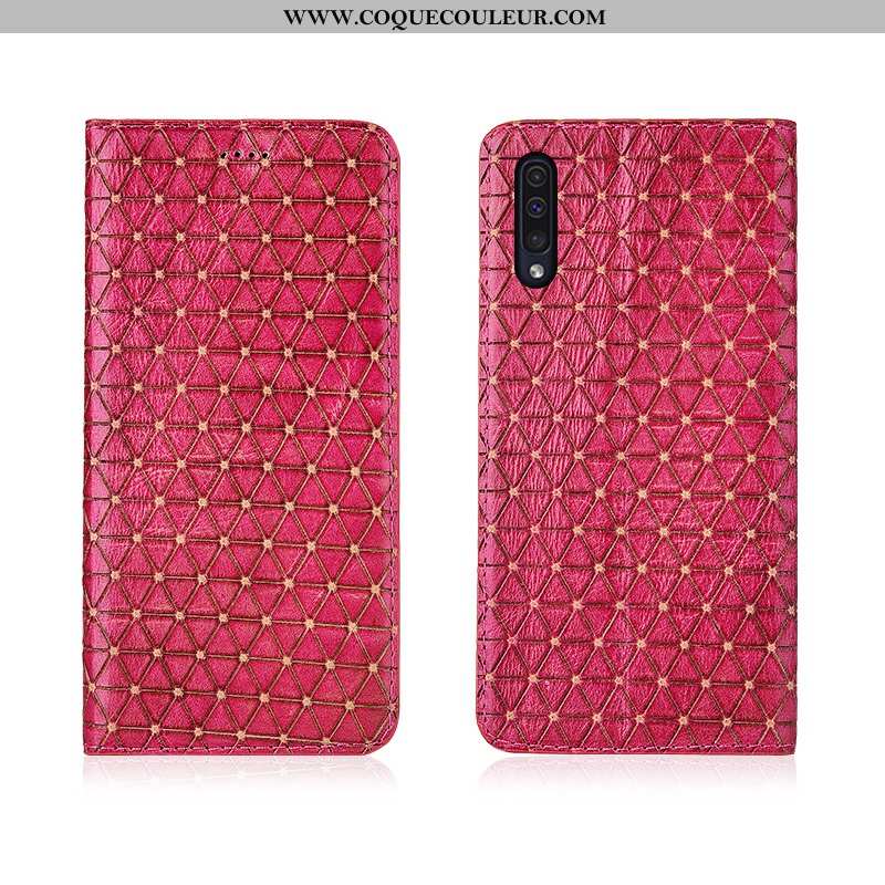 Housse Samsung Galaxy A50 Cuir Véritable Plaid Clamshell, Étui Samsung Galaxy A50 Cuir Protection Ma