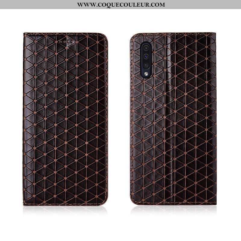 Housse Samsung Galaxy A50 Cuir Véritable Plaid Clamshell, Étui Samsung Galaxy A50 Cuir Protection Ma