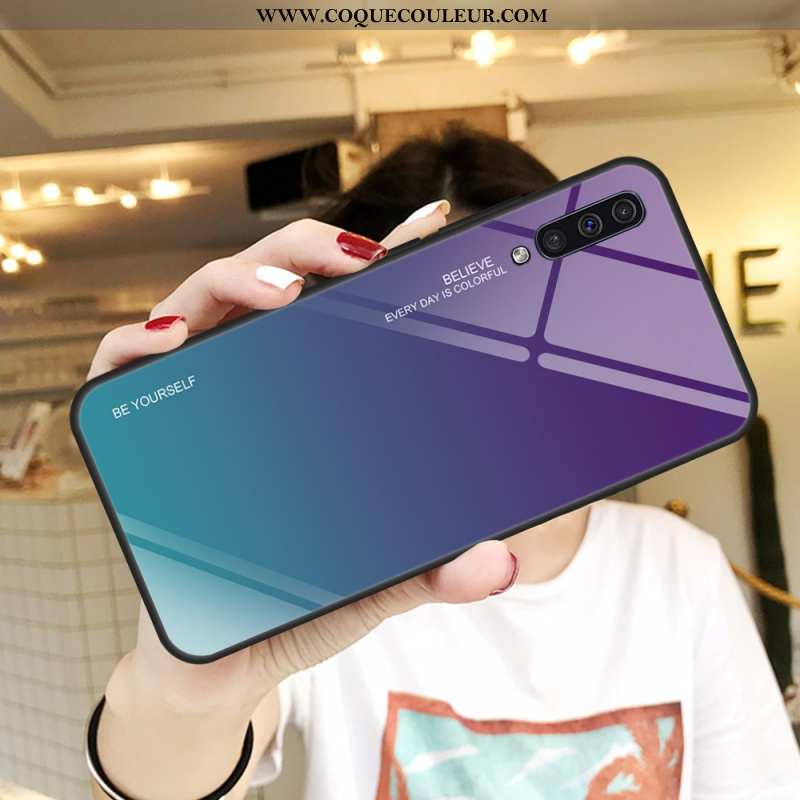 Étui Samsung Galaxy A50 Verre Tempérer Miroir, Coque Samsung Galaxy A50 Protection Violet