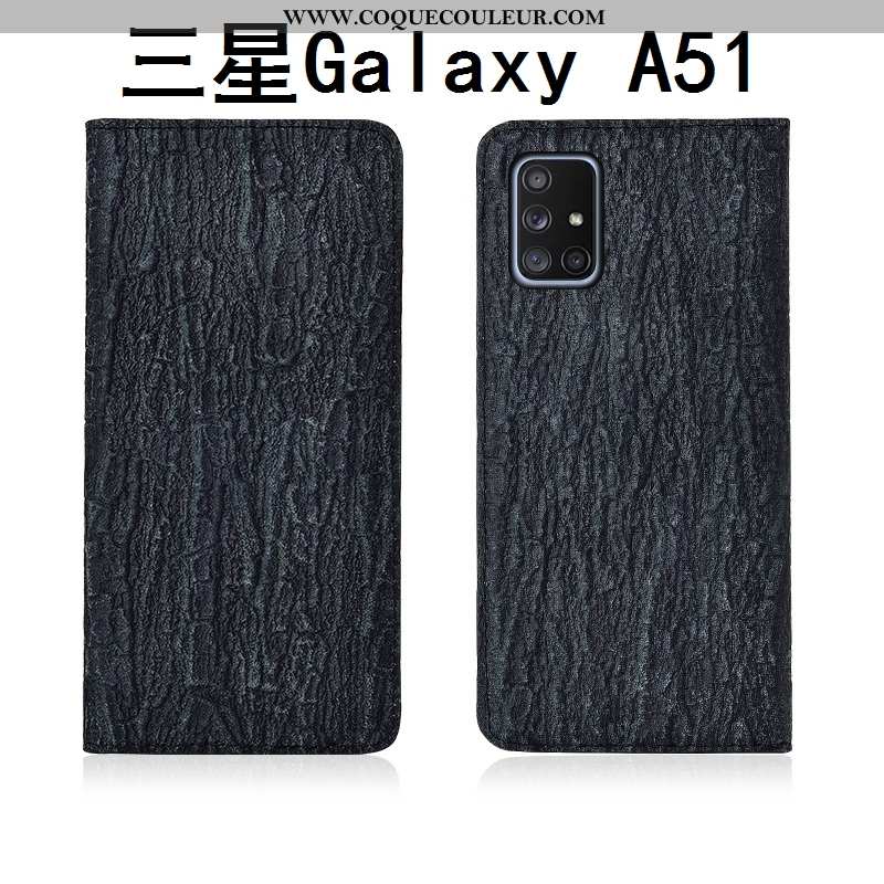 Coque Samsung Galaxy A51 Délavé En Daim Étoile Noir, Housse Samsung Galaxy A51 Cuir Véritable Nouvea