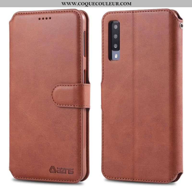 Coque Samsung Galaxy A70 Cuir Silicone Marron, Housse Samsung Galaxy A70 Fluide Doux Portefeuille Ma