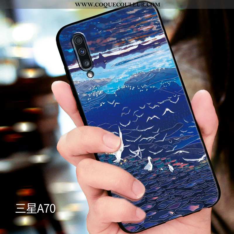 Étui Samsung Galaxy A70 Délavé En Daim Incassable Protection, Coque Samsung Galaxy A70 Gaufrage Bleu