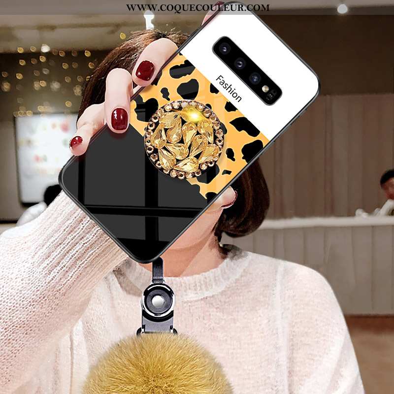 Coque Samsung Galaxy S10 Mode Pompon Léopard, Housse Samsung Galaxy S10 Verre Incruster Strass Noir