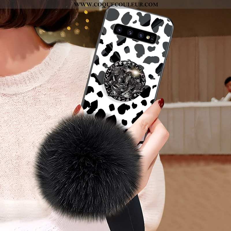 Coque Samsung Galaxy S10 Mode Pompon Léopard, Housse Samsung Galaxy S10 Verre Incruster Strass Noir