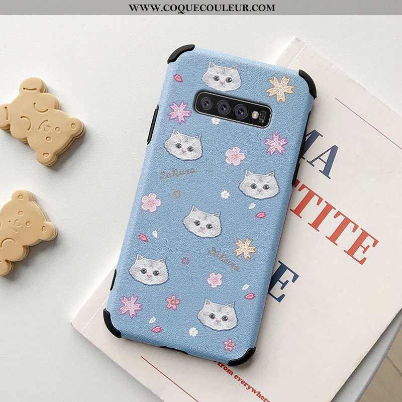 Étui Samsung Galaxy S10+ Charmant Téléphone Portable Chat, Coque Samsung Galaxy S10+ Cuir Petit Bleu