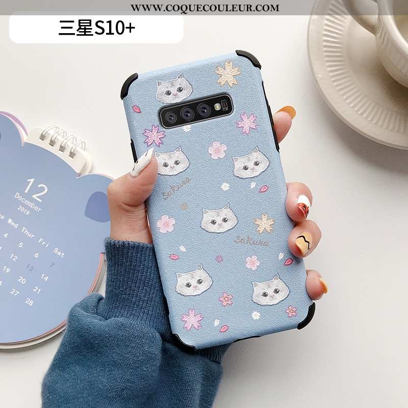 Étui Samsung Galaxy S10+ Charmant Téléphone Portable Chat, Coque Samsung Galaxy S10+ Cuir Petit Bleu