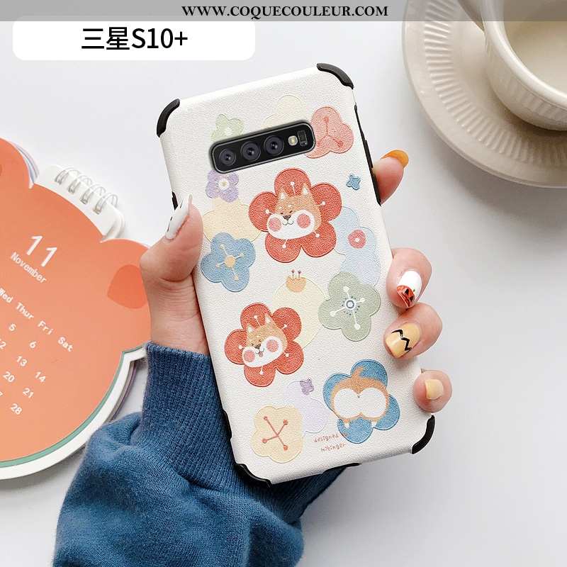 Étui Samsung Galaxy S10+ Charmant Téléphone Portable Chat, Coque Samsung Galaxy S10+ Cuir Petit Bleu