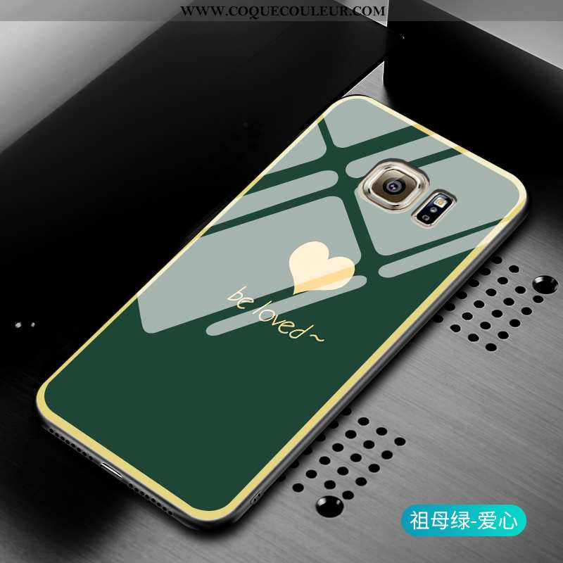 Coque Samsung Galaxy S6 Edge Protection Étui Amour, Housse Samsung Galaxy S6 Edge Verre Étoile Verte