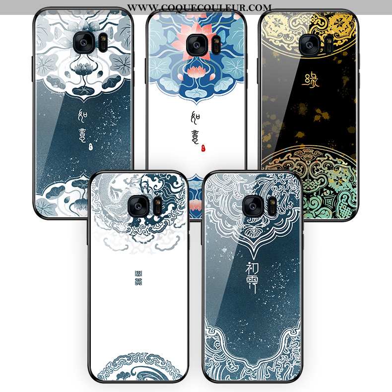 Coque Samsung Galaxy S7 Edge Verre Étui Fleur, Housse Samsung Galaxy S7 Edge Fluide Doux Style Chino