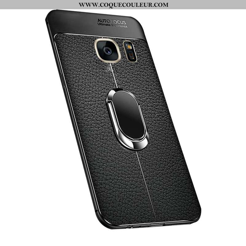 Coque Samsung Galaxy S7 Modèle Fleurie Litchi Noir, Housse Samsung Galaxy S7 Silicone Étoile Noir