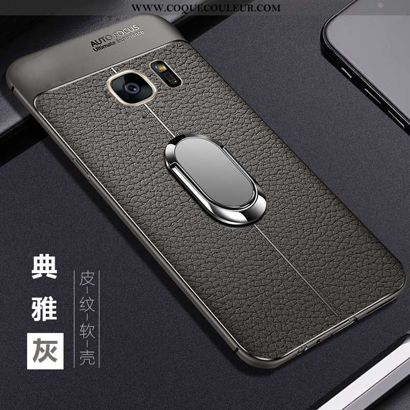 Coque Samsung Galaxy S7 Modèle Fleurie Litchi Noir, Housse Samsung Galaxy S7 Silicone Étoile Noir