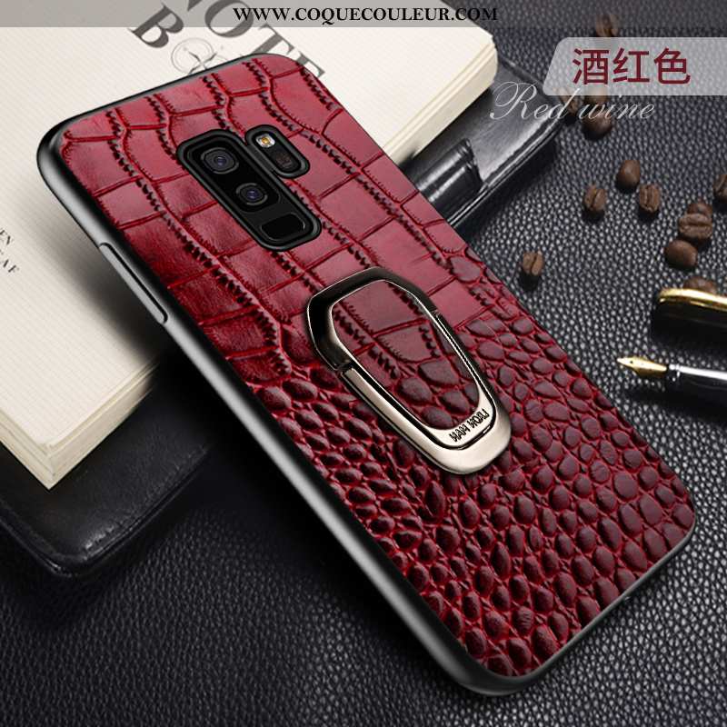 Housse Samsung Galaxy S9+ Cuir Véritable Étui Coque, Samsung Galaxy S9+ Cuir Support Rouge