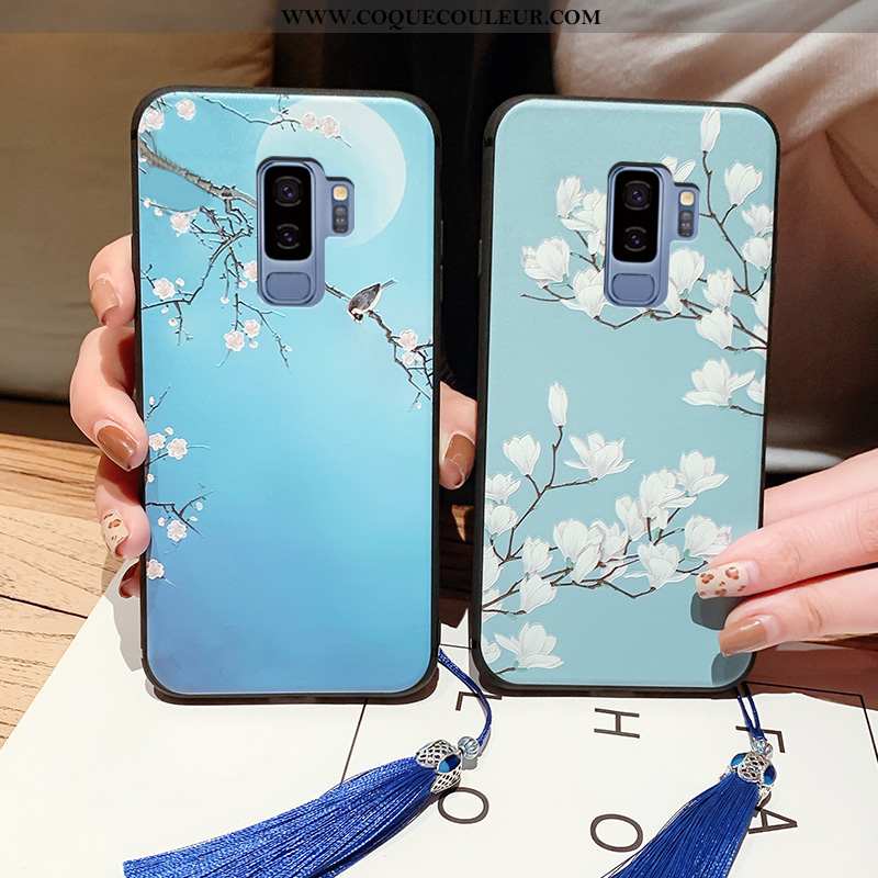 Housse Samsung Galaxy S9+ Vintage Légère Gaufrage, Étui Samsung Galaxy S9+ Ultra Bleu