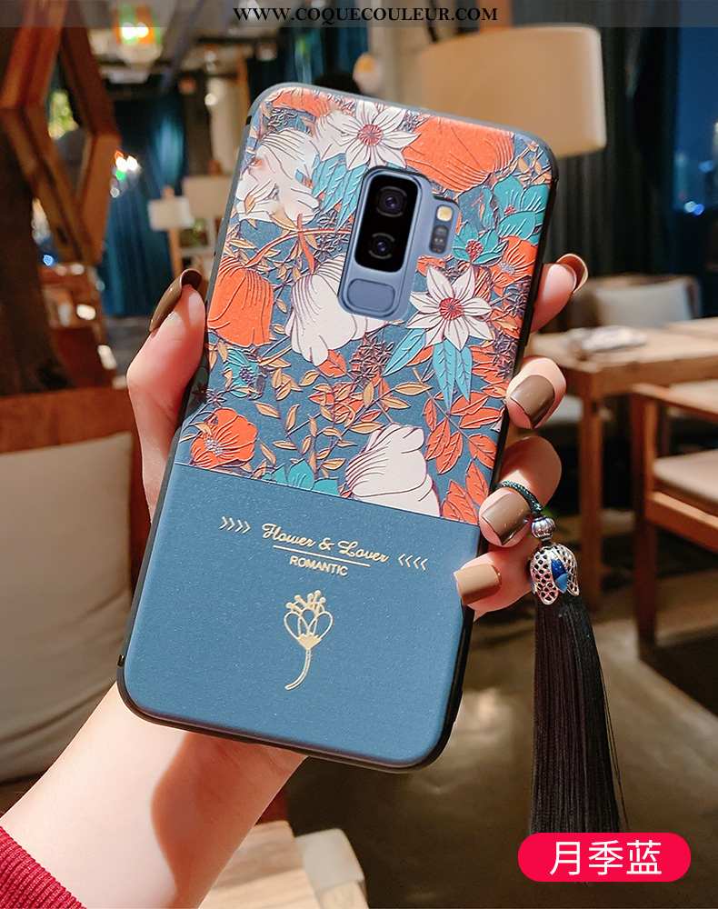 Housse Samsung Galaxy S9+ Vintage Légère Gaufrage, Étui Samsung Galaxy S9+ Ultra Bleu