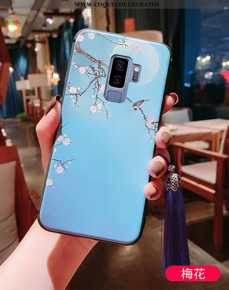 Housse Samsung Galaxy S9+ Vintage Légère Gaufrage, Étui Samsung Galaxy S9+ Ultra Bleu