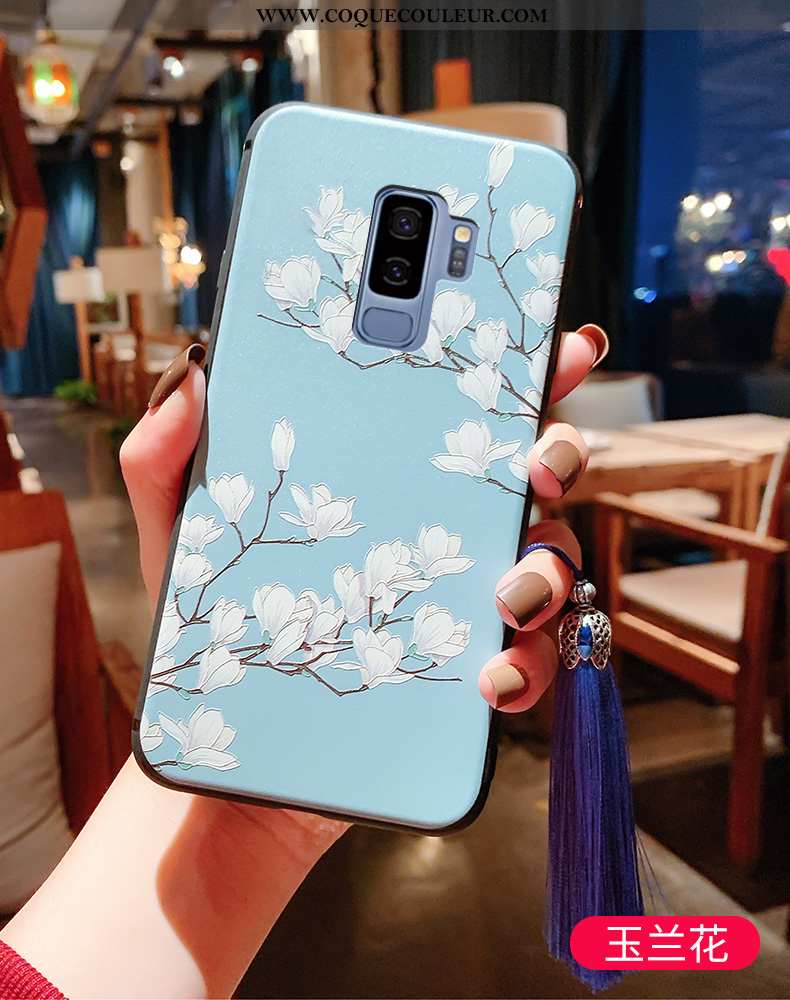 Housse Samsung Galaxy S9+ Vintage Légère Gaufrage, Étui Samsung Galaxy S9+ Ultra Bleu