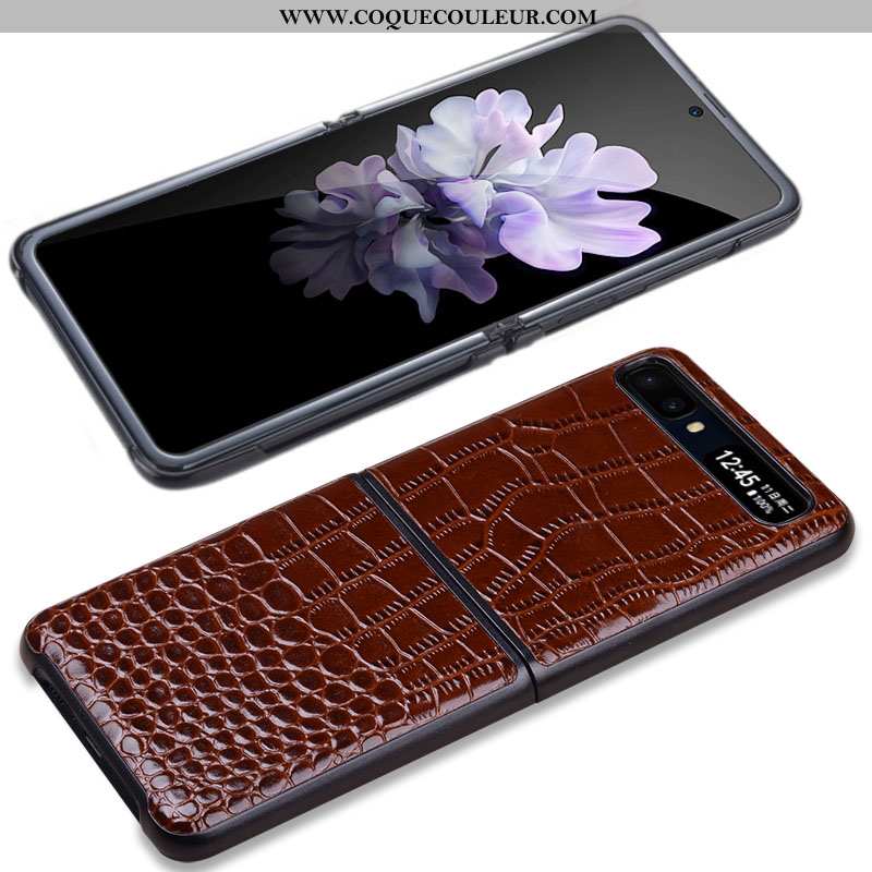 Étui Samsung Z Flip Cuir Véritable Nouveau Cuir, Coque Samsung Z Flip Portefeuille Marron