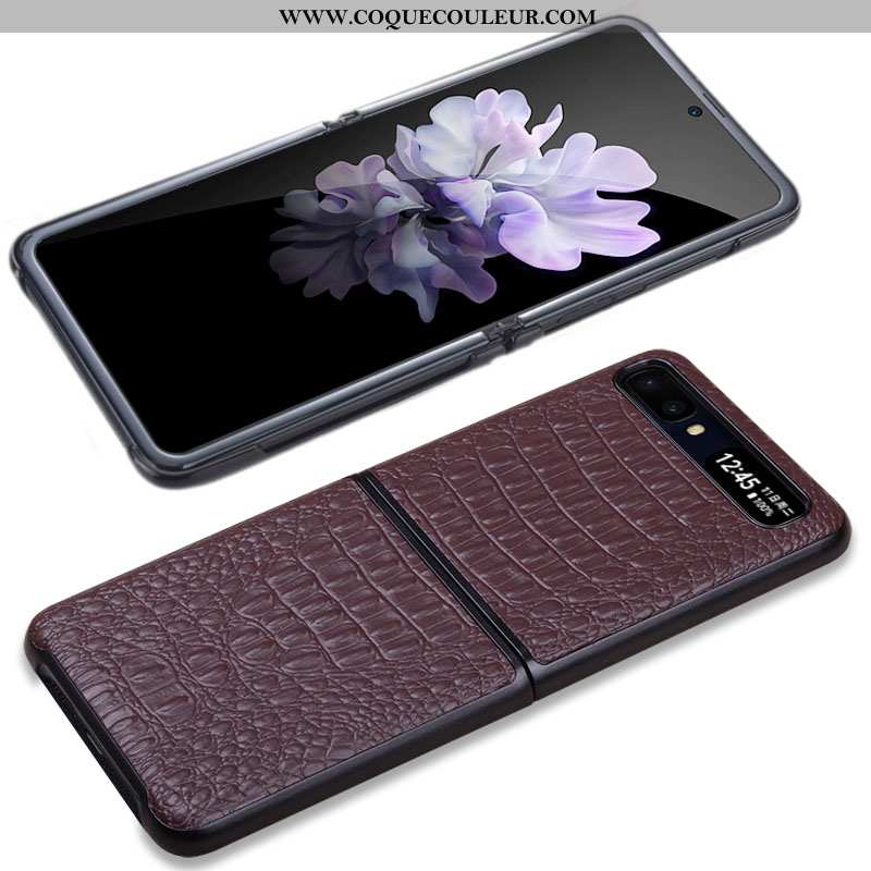 Étui Samsung Z Flip Cuir Véritable Nouveau Cuir, Coque Samsung Z Flip Portefeuille Marron