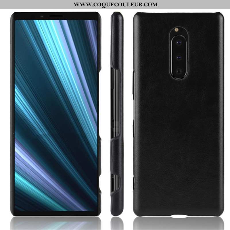 Coque Sony Xperia 1 Cuir Litchi, Housse Sony Xperia 1 Modèle Fleurie Étui Noir