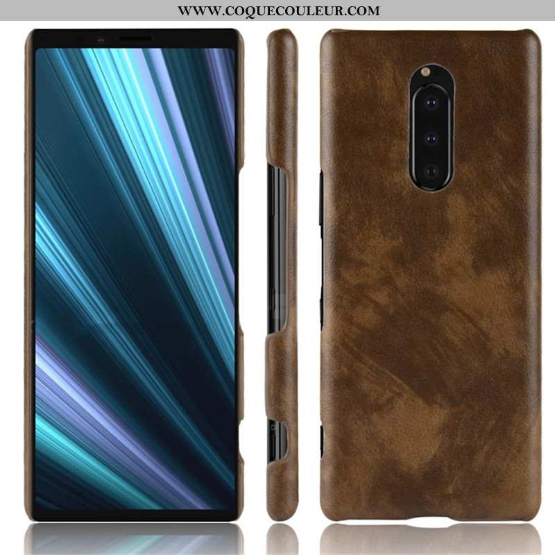 Coque Sony Xperia 1 Cuir Litchi, Housse Sony Xperia 1 Modèle Fleurie Étui Noir