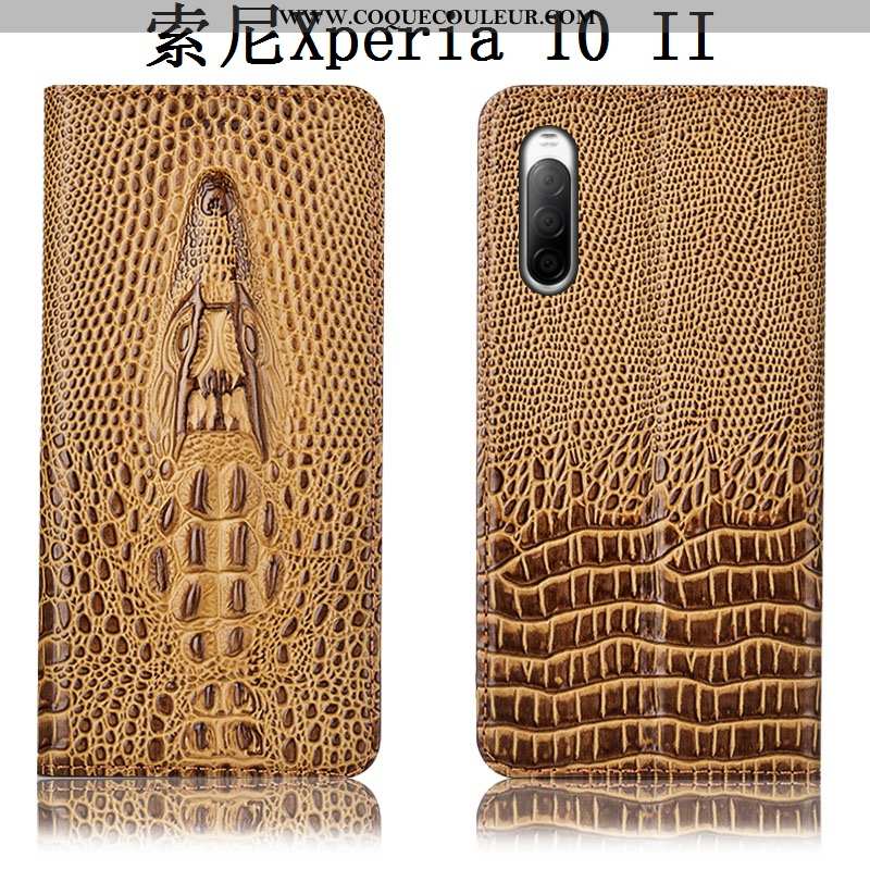 Étui Sony Xperia 10 Ii Cuir Véritable Crocodile, Coque Sony Xperia 10 Ii Protection Housse Khaki