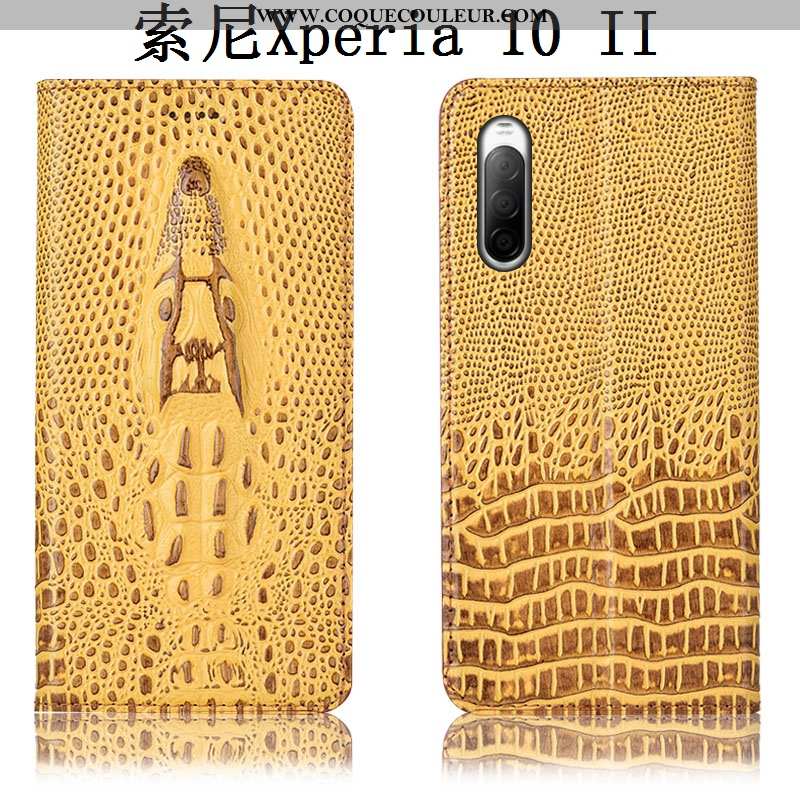 Étui Sony Xperia 10 Ii Cuir Véritable Crocodile, Coque Sony Xperia 10 Ii Protection Housse Khaki