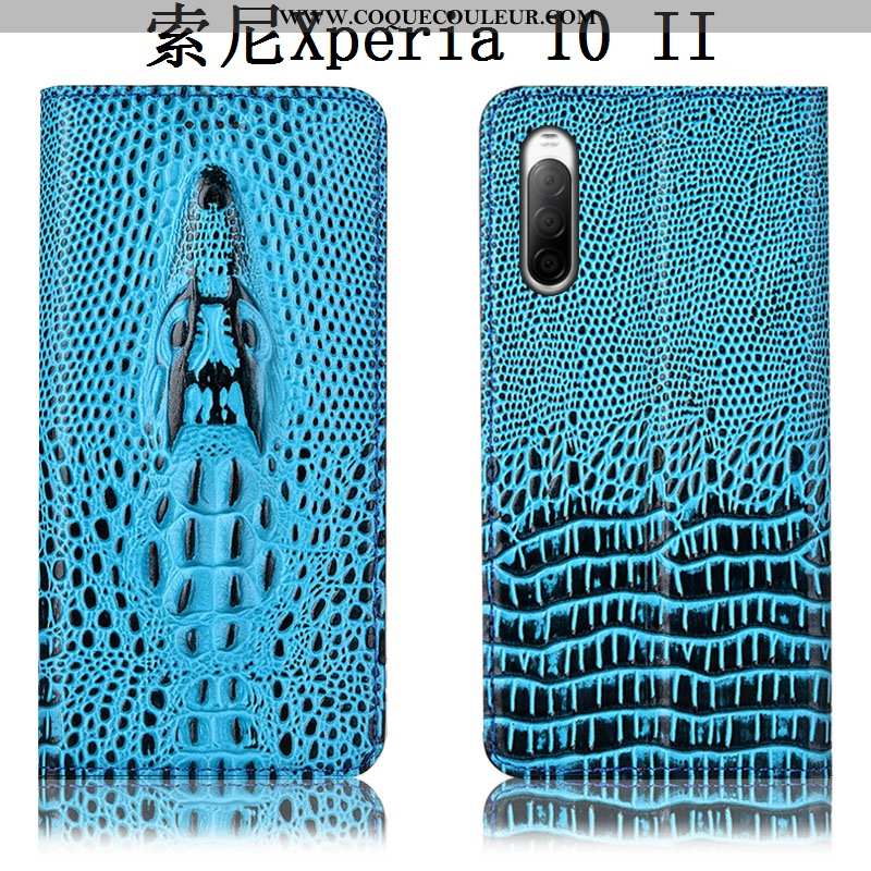 Coque Sony Xperia 10 Ii Cuir Véritable Étui Crocodile, Housse Sony Xperia 10 Ii Protection Bleu