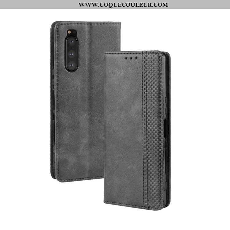 Étui Sony Xperia 5 Portefeuille Protection Noir, Coque Sony Xperia 5 Cuir Magnétisme Noir