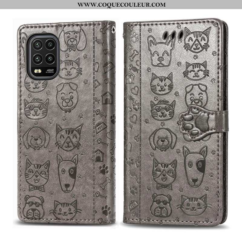 Étui Xiaomi Mi 10 Lite Gaufrage Cuir Incassable, Coque Xiaomi Mi 10 Lite Dessin Animé Chat Violet