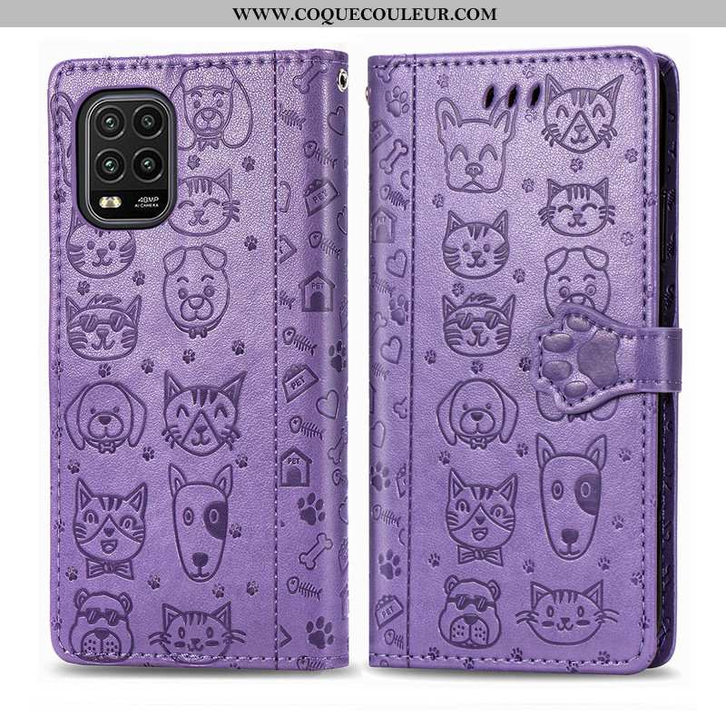 Étui Xiaomi Mi 10 Lite Gaufrage Cuir Incassable, Coque Xiaomi Mi 10 Lite Dessin Animé Chat Violet