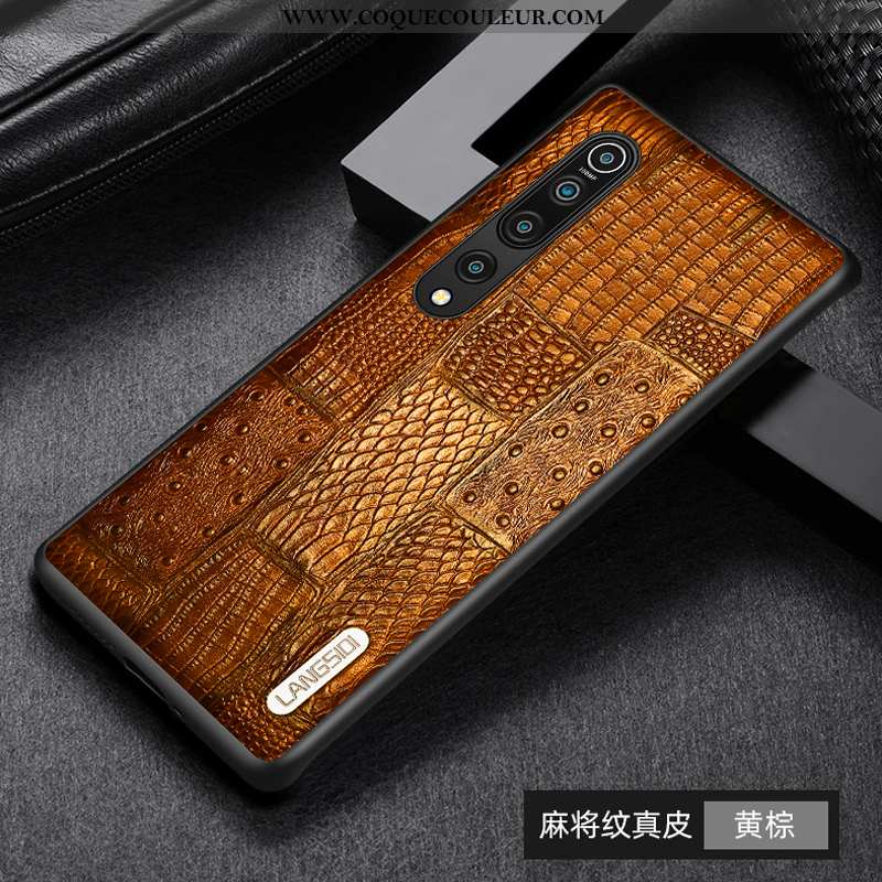 Coque Xiaomi Mi 10 Cuir Incassable Créatif Véritable, Housse Xiaomi Mi 10 Modèle Fleurie Mode Marron