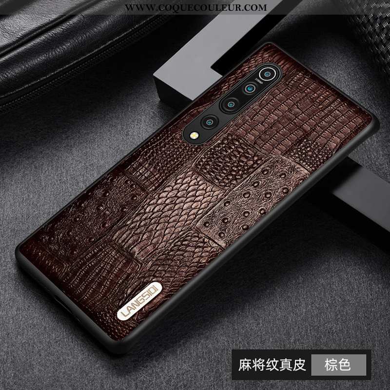 Coque Xiaomi Mi 10 Cuir Incassable Créatif Véritable, Housse Xiaomi Mi 10 Modèle Fleurie Mode Marron