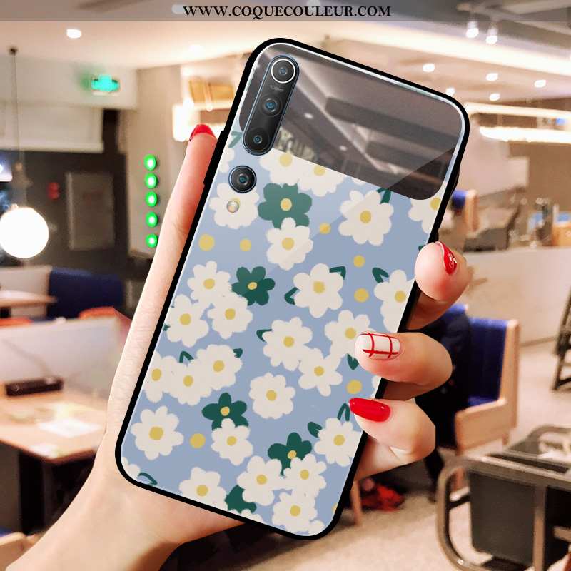 Housse Xiaomi Mi 10 Verre Bleu Téléphone Portable, Étui Xiaomi Mi 10 Floral Fleurs Blanche