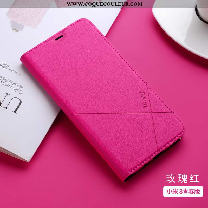 Coque Xiaomi Mi 8 Lite Cuir Silicone Clamshell, Housse Xiaomi Mi 8 Lite Fluide Doux Incassable Rose