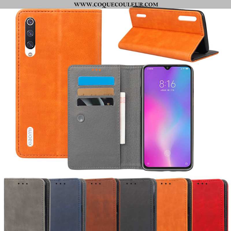 Étui Xiaomi Mi 9 Lite Cuir Coque Petit, Xiaomi Mi 9 Lite Protection Portefeuille Orange