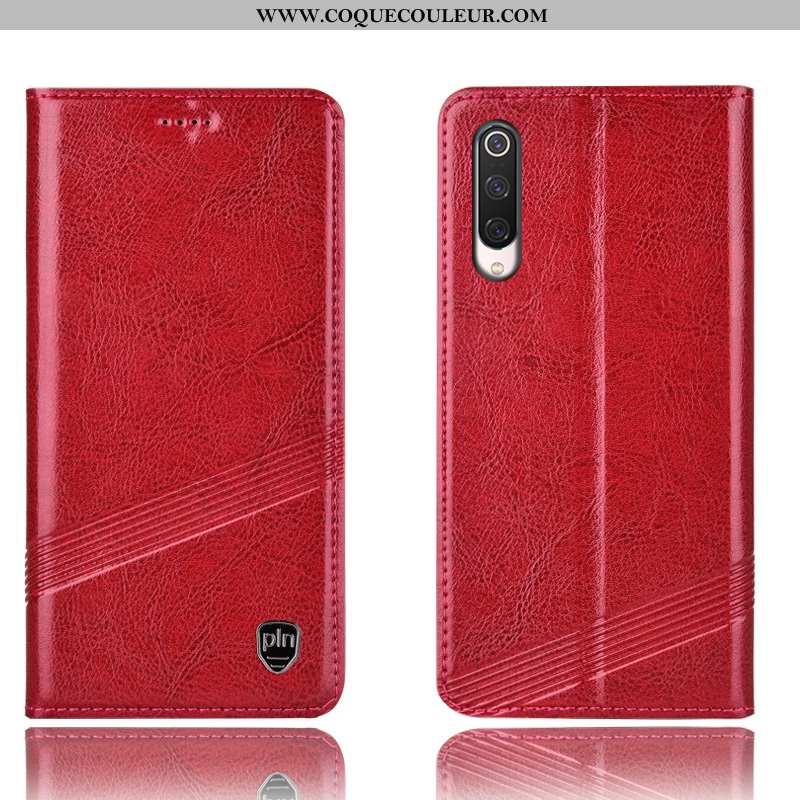 Housse Xiaomi Mi 9 Lite Cuir Véritable Rouge Incassable, Étui Xiaomi Mi 9 Lite Protection Coque Noir