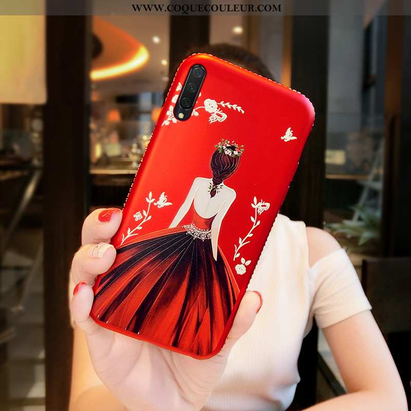 Coque Xiaomi Mi 9 Lite Cuir Étui, Housse Xiaomi Mi 9 Lite Fluide Doux Incruster Strass Rouge