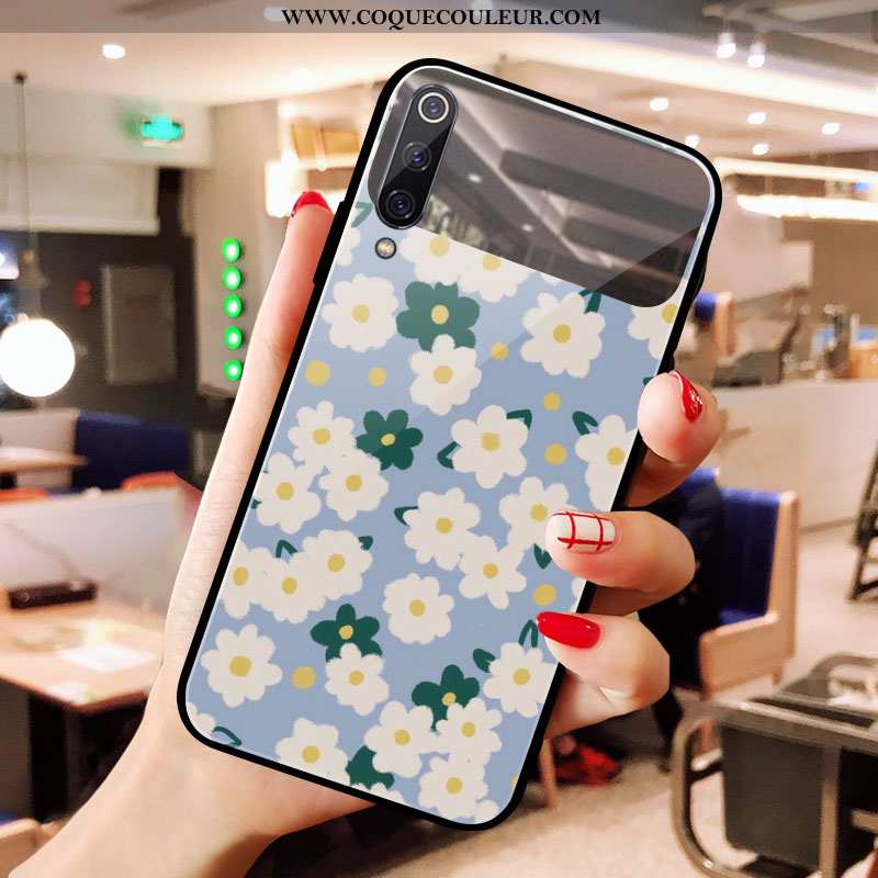 Étui Xiaomi Mi 9 Se Verre Fleurs Bleu, Coque Xiaomi Mi 9 Se Petit Cœur Bleu