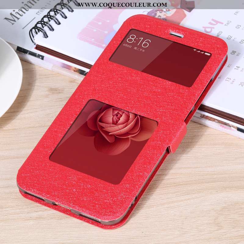 Coque Xiaomi Mi A2 Cuir Clamshell Coque, Housse Xiaomi Mi A2 Fluide Doux Téléphone Portable Rouge