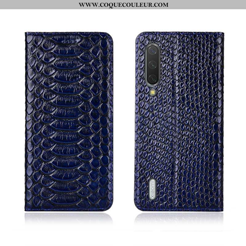 Étui Xiaomi Mi A3 Protection Cuir Bleu Marin, Coque Xiaomi Mi A3 Cuir Véritable Bleu Foncé