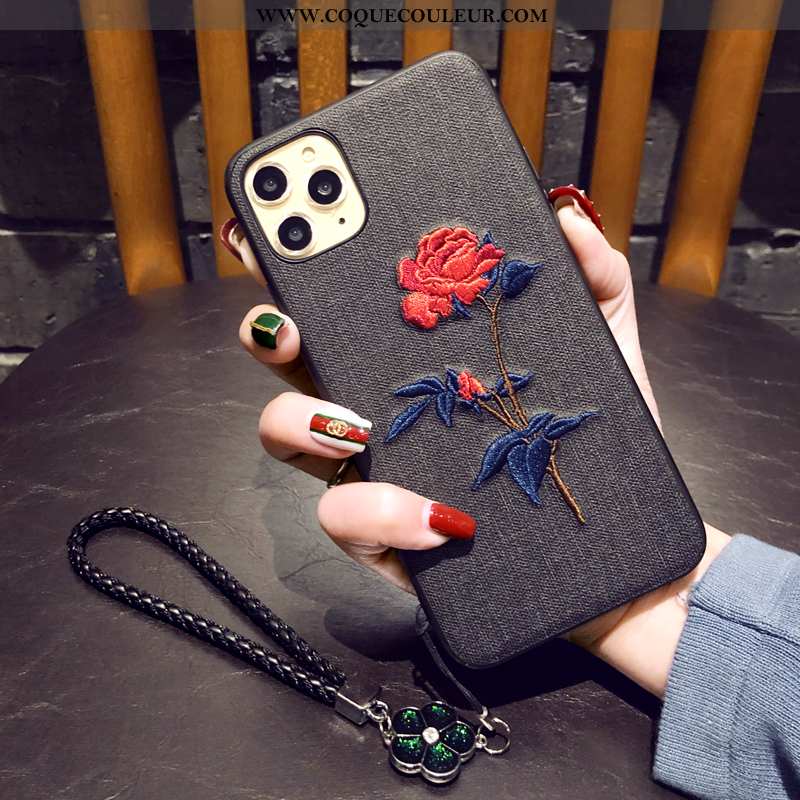 Étui iPhone 11 Pro Broderie Fluide Doux Simple, Coque iPhone 11 Pro Tendance Fleur Gris