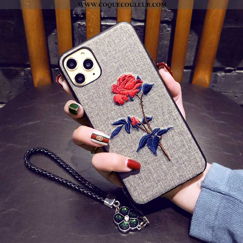 Étui iPhone 11 Pro Broderie Fluide Doux Simple, Coque iPhone 11 Pro Tendance Fleur Gris