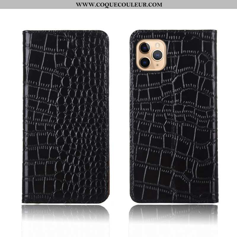 Housse iPhone 11 Pro Protection Clamshell Crocodile, Étui iPhone 11 Pro Cuir Véritable Noir