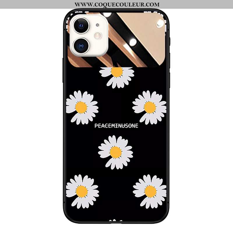 Étui iPhone 11 Verre Coque Miroir, iPhone 11 Tendance Petite Marguerite Noir