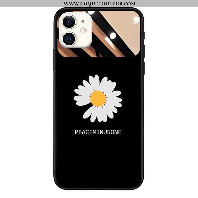 Étui iPhone 11 Verre Coque Miroir, iPhone 11 Tendance Petite Marguerite Noir