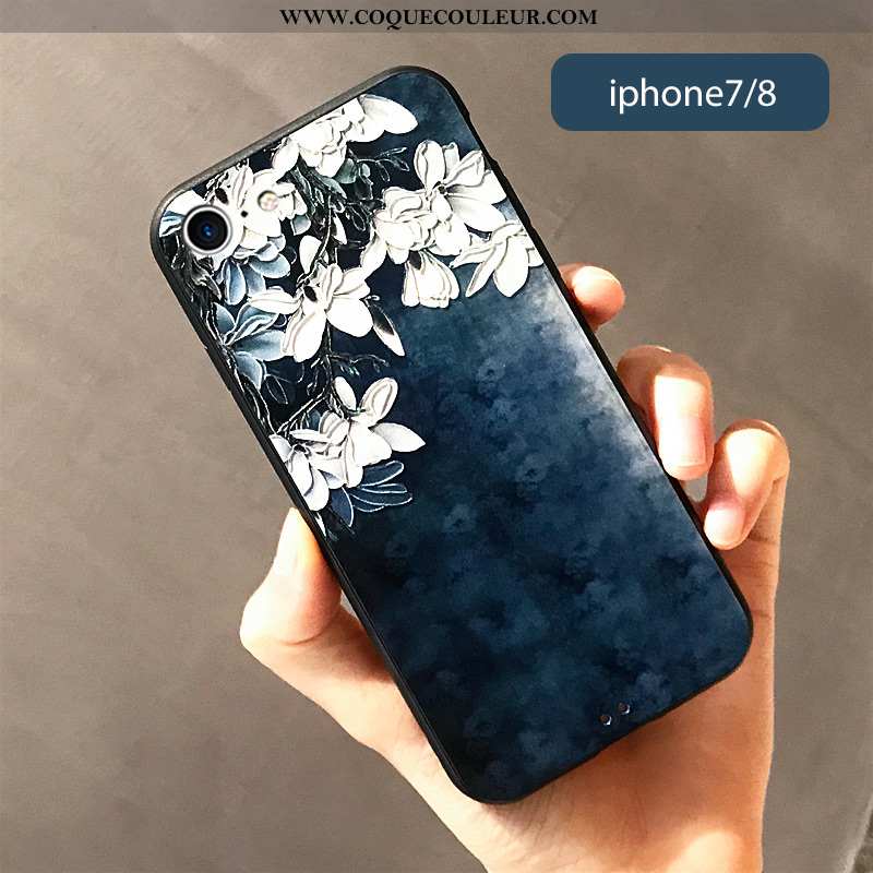 Housse iPhone 7 Créatif Fluide Doux Vintage, Étui iPhone 7 Gaufrage Coque Bleu Foncé