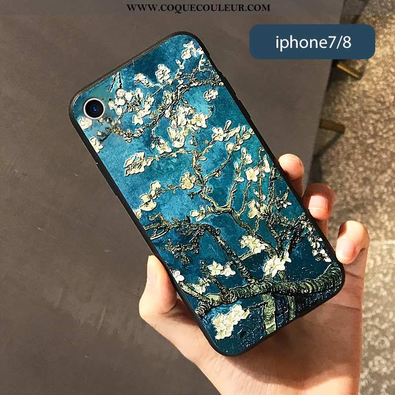 Housse iPhone 7 Créatif Fluide Doux Vintage, Étui iPhone 7 Gaufrage Coque Bleu Foncé