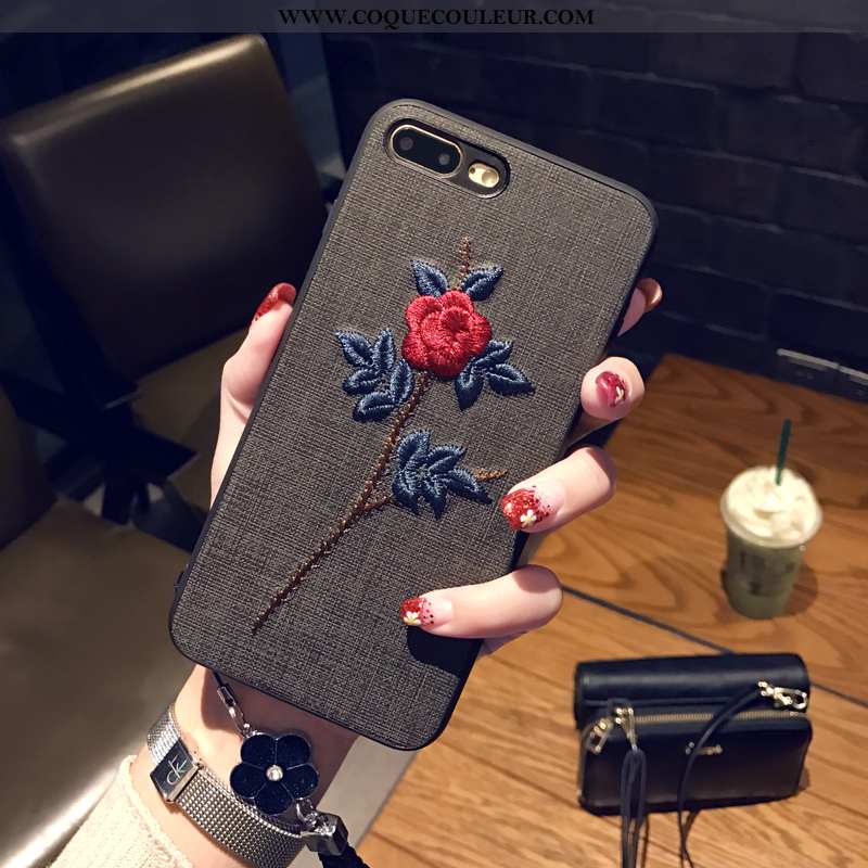 Étui iPhone 8 Plus Fluide Doux Personnalité Fleur, Coque iPhone 8 Plus Broderie Noir