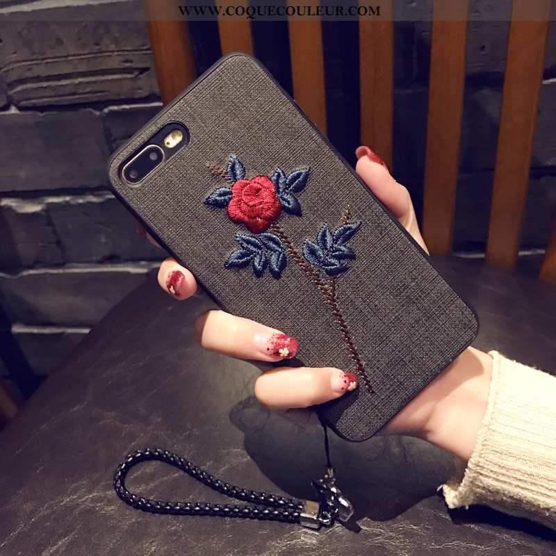 Étui iPhone 8 Plus Fluide Doux Personnalité Fleur, Coque iPhone 8 Plus Broderie Noir