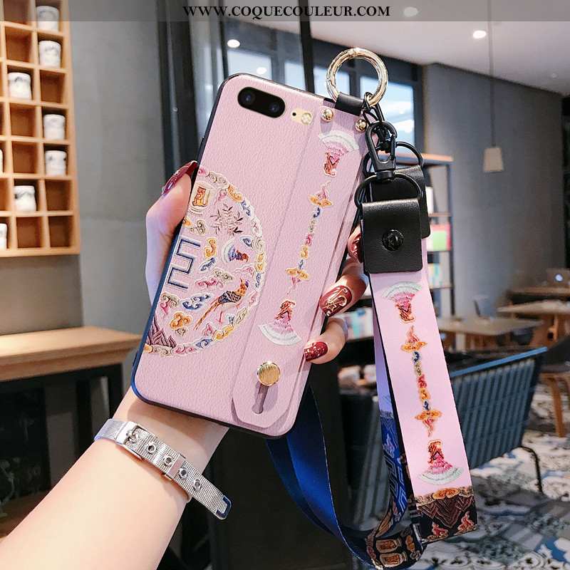 Coque iPhone 8 Plus Gaufrage Vent Vintage, Housse iPhone 8 Plus Cou Suspendu Luxe Rose